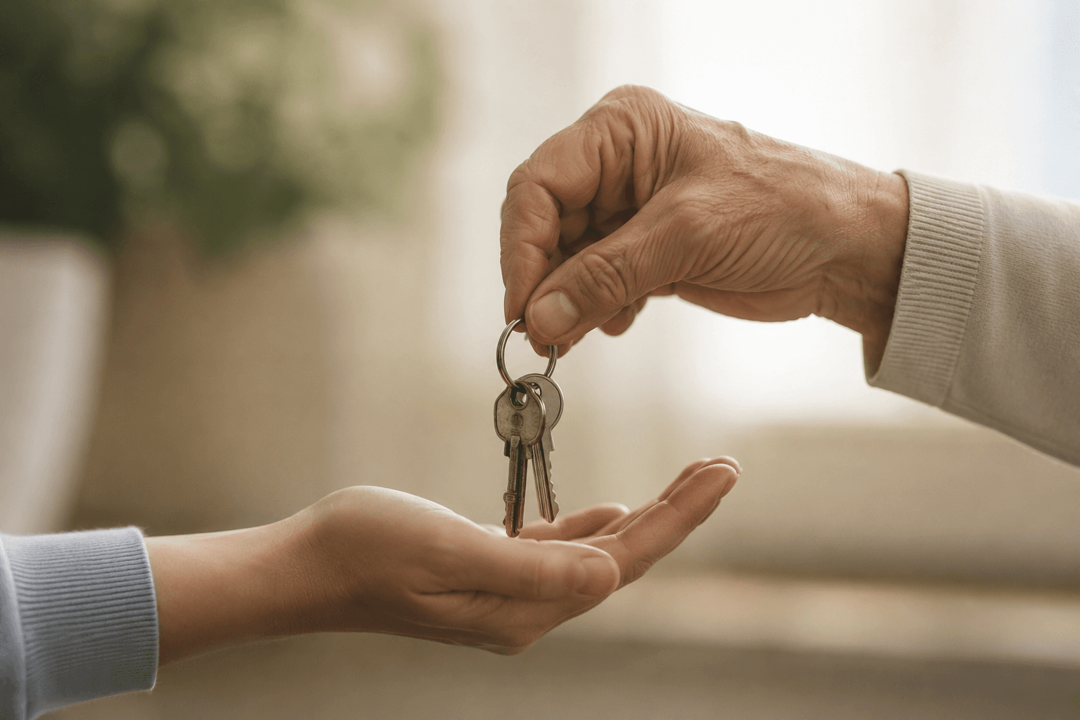 Une personne âgée transmet des clés à une personne plus jeune